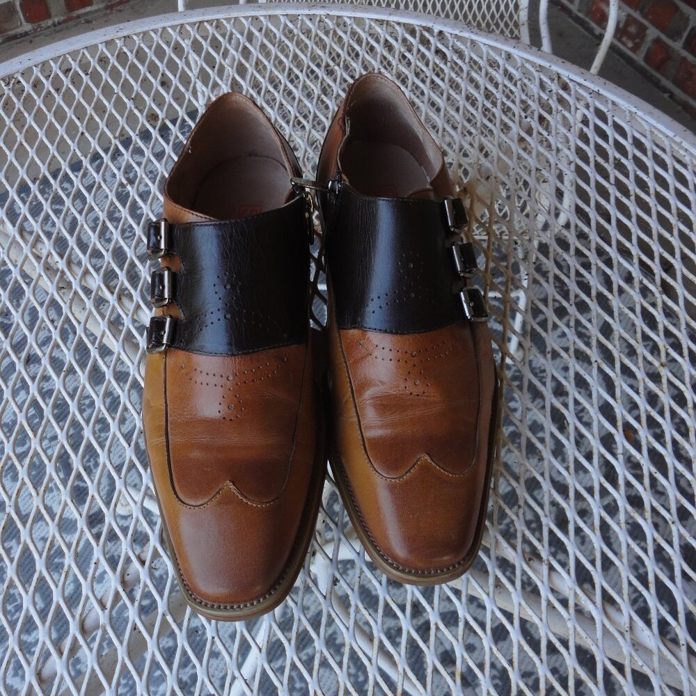 STEVEN LAND Men's Triple Monk Strap Brown Leather Oxford Dress Shoes Size 9